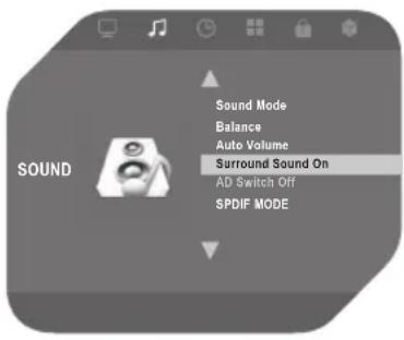 Sound Sound Mode Balance Auto Volume Surround Sound On AD Switch Off SPDIF MODE