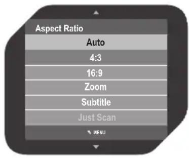 Aspect Ratio Auto 4:3 16:9 Zoom Subtitle Just Scan MENU