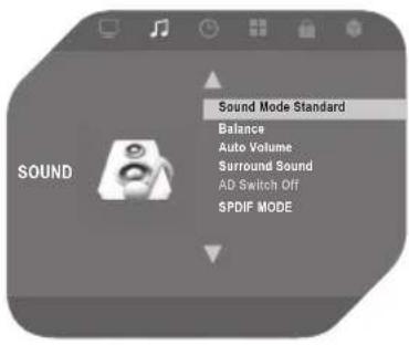 Sound Mode Standard Balance Auto Volume Surround Sound AD Switch Off SPDIF MODE