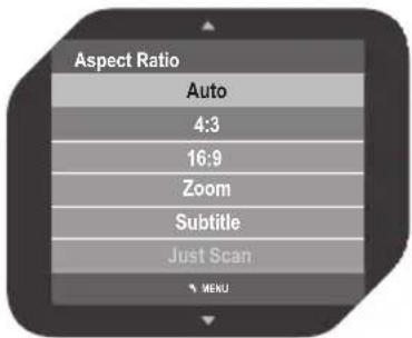 Aspect Ratio Auto 4:3 16:9 Zoom Subtitle Just Scan MENU