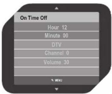 On Time Off Hour 12 Minute 00 DTV Channel 0 Volume 30 MENU