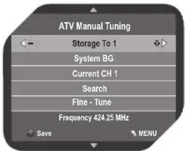 ATV Manual Tuning Storage To 1 System BG Current CH 1 Search Fine - Tune Frequency 424.25 MHz Save MENU