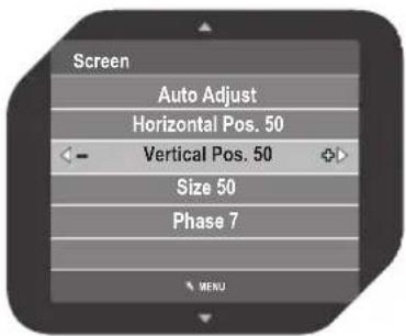 Screen Auto Adjust Horizontal Pos. 50 Vertical Pos. 50 Size 50 Phase 7 MENU