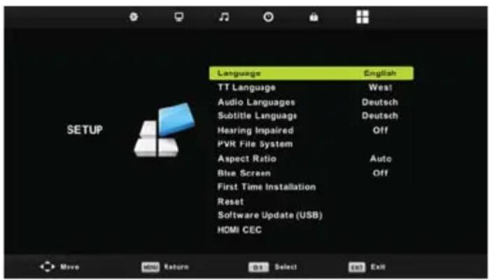 Language English TT Language West Audio Languages Deutsch Subtitle Language Deutsch Hearing Impaired Off PVR File System Aspect Ratio Auto Blue Screen Off First Time Installation Reset Software Update (USB) HDMI CEC
