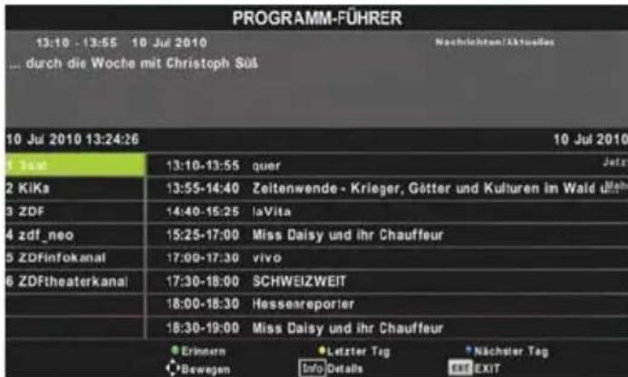 PROGRAMM-FÜHRER 13:10 - 13:55 10 Jul 2010 Nachrichten/Aktuelles ... durch die Woche mit Christoph Söß 10 Jul 2010 13:24:26 1 Jul 2010 1:3am 13:10-13:55 quer Jetzt 2 KIKa 13:55-14:40 Zeitenwende - Krieger, Götter und Kulturen im Wald um 3 ZDF 14:40-15:25 laVita 4 zdf_neo 15:25-17:00 Miss Daisy und ihr Chauffeur 5 ZDInfokanal 17:00-17:30 vivo 6 ZDFtheaterkanal 17:30-18:00 SCHWEIZWEIT 18:00-18:30 Hessenareporter 18:30-19:00 Miss Daisy und ihr Chauffeur Erlinnem Bewegen Letzter Tag Info Details Nächster Tag EXIT EXIT