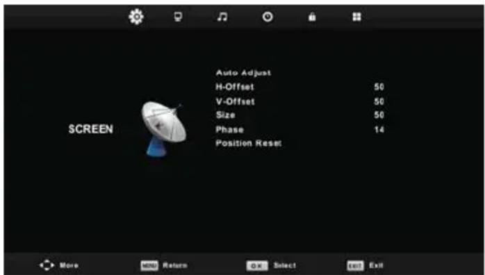 Screen Auto Adjust H-Offset 50 V-Offset 50 Size 50 Phase 14 Position Reset