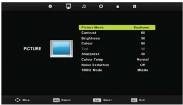 Picture Mode Contrast 60 Brightness 50 Colour 60 Tint 50 Sharpness 50 Colour Temp Normal Noise Reduction Off 100Hz Mode Middle More MENU Return On Select Exit Exit