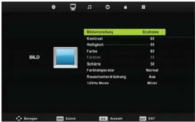 Bildeinstellung Ecohone Kontrast 60 Helligkeit 50 Farbe 60 Farbton 50 Schärle 50 Farbtemperatur Normal Rauschunterdrückung Aus 120Hz Mode Mittel BILD Bevegen wind zurück Aus Auswahl EXIT EXIT