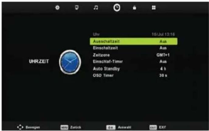 UHRZEIT Uhr 101Jul 13:16 Ausschaltzeit Aus Einschaltzeit Aus Zeitzone GMT+1 Einschaf-Timer Aus Auto Standby 4 h OSD Timer 30 s Bevegen Zurück Aus Auswahl EXIT