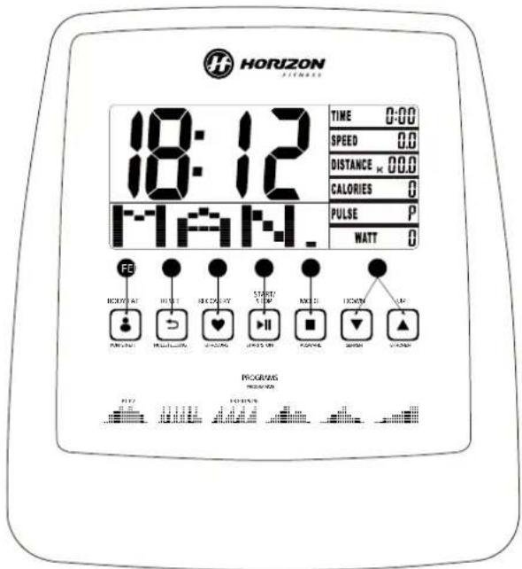 HORIZON FED 18:12 HAN. TIME 0:00 SPEED 0.0 DISTANCE 00.0 CALORIES 0 PULSE P WATT 0 FE HORIZON HUNT MIDUSTRY START NAM MULB DOWN UP PROGRAMS PROGRAMS