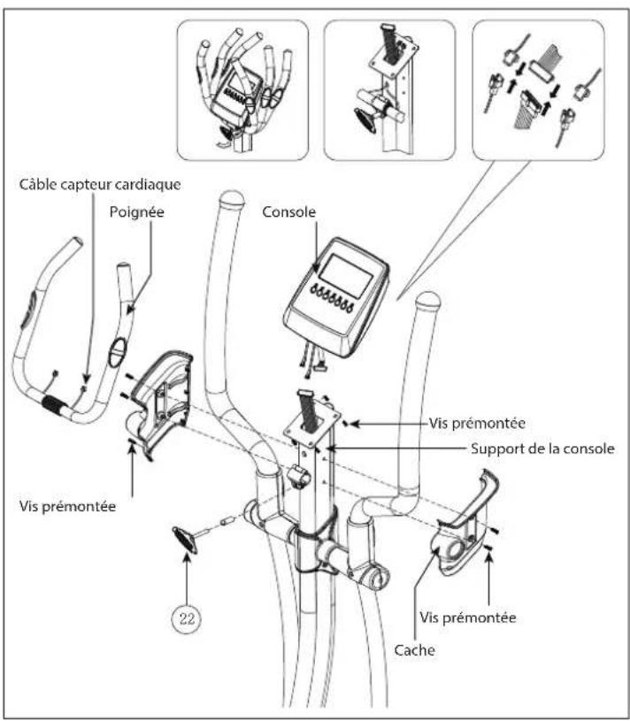 Câble capteur cardiaque Poignée Console Vis prémontée 22 Vis prémontée Support de la console Vis prémontée Cache