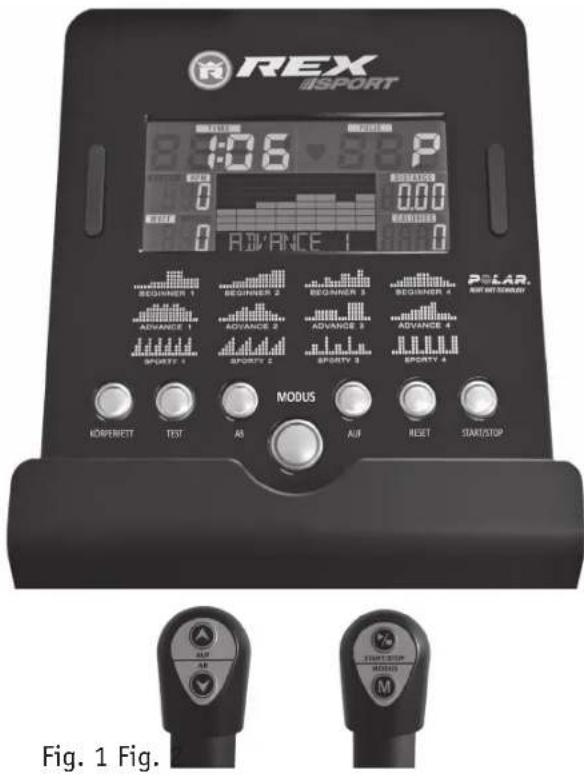 REX ISPORT 06 P 0.00 0 ADVANCE 1 Polar. AUF BIT STANDU MODUS AUF RESET START/STOP KÖMPENITT TEST AB AUP AB STOP M Fig. 1 Fig.