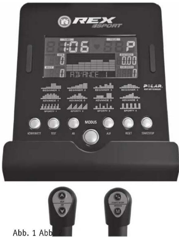 REX iSPORT 06 P 0.00 0 ADVANCE 1 Polar. OFF WITH STOP? MODUS KORPERITT TEST A8 AUF RESET START/STOP Abb. 1 Abb.