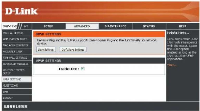 D-LINK DAP-1350 - UPnP Settings (Paramètres UPnP) : - 1