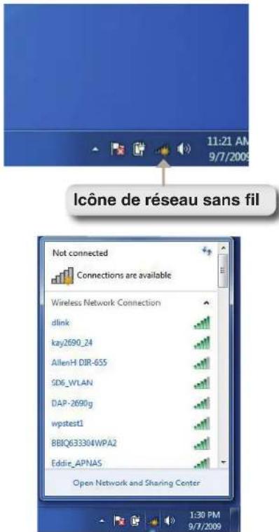 11:21 AM 9/7/2009 Icône de réseau sans fil Not connected Connections are available Wireless Network Connection dlink kay2690_24 AllenH DIR-655 SD6_WLAN DAP-2690g wpatest1 BBIQ633304WPA2 Eddie_APNAS Open Network and Sharing Center 1:30 PM 9/7/2009