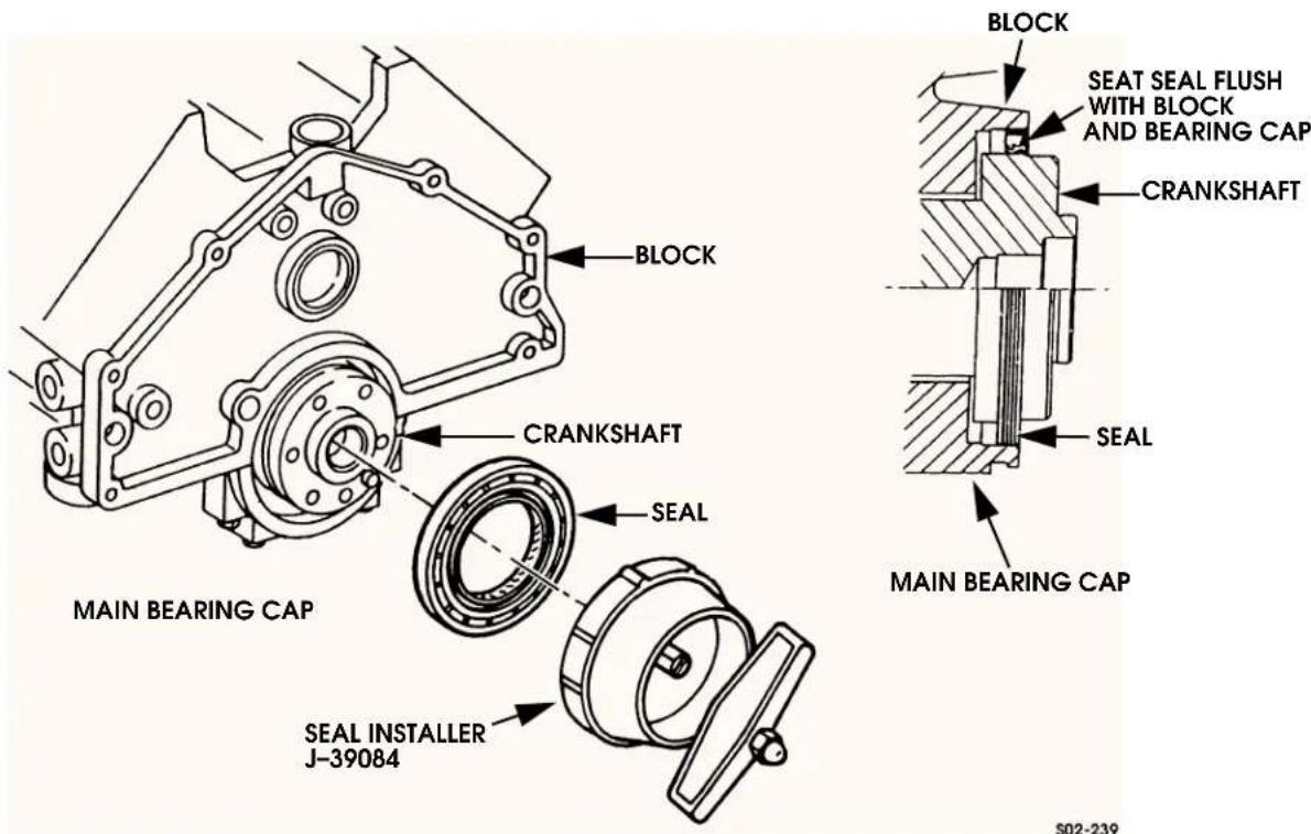 BLOCK MAIN BEARING CAP CRANKSHAFT SEAL SEAL INSTALLER J-39084 BLOCK SEAL SEAL FLUSH WITH BLOCK AND BEARING CAP CRANKSHAFT MAIN BEARING CAP S02-239