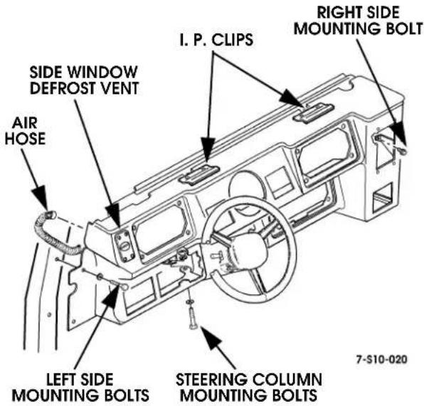 I. P. CLIPS RIGHT SIDE MOUNTING BOLT SIDE WINDOW DEFROST VENT AIR HOSE LEFT SIDE MOUNTING BOLTS STEERING COLUMN MOUNTING BOLTS 7-S10-020