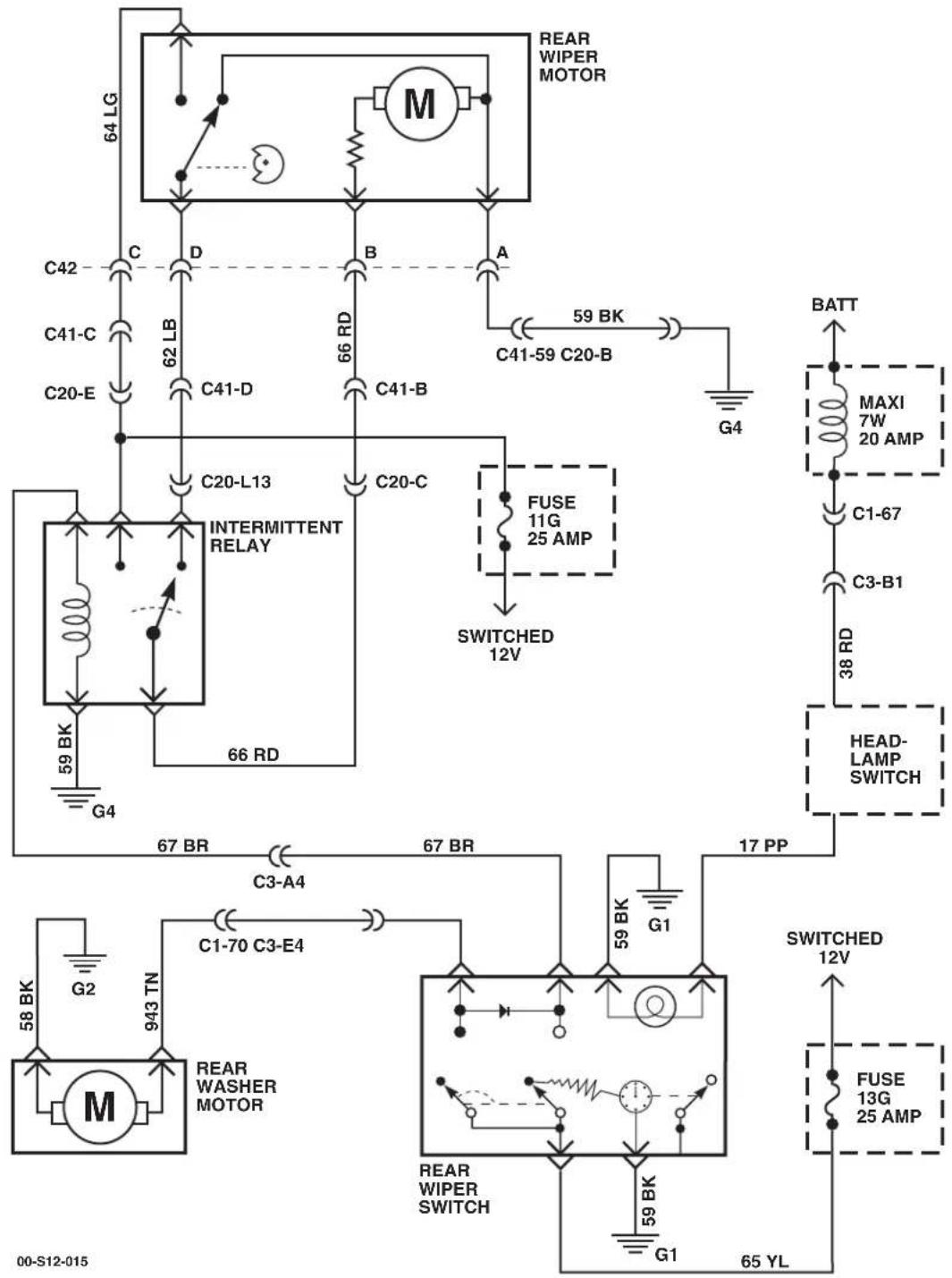 graph TD A["64 LG"] --> B["C42"] B --> C["C41-C"] C --> D["C20-E"] D --> E["C20-L13"] E --> F["INTERMITTENT RELAY"] F --> G["66 RD"] G --> H["G4"] H --> I["67 BR"] I --> J["C3-A4"] J --> K["58 BK"] K --> L["G2"] L --> M["943 TN"] M --> N["M"] N --> O["REAR WASHER MOTOR"] O --> P["67 BR"] P --> Q["67…