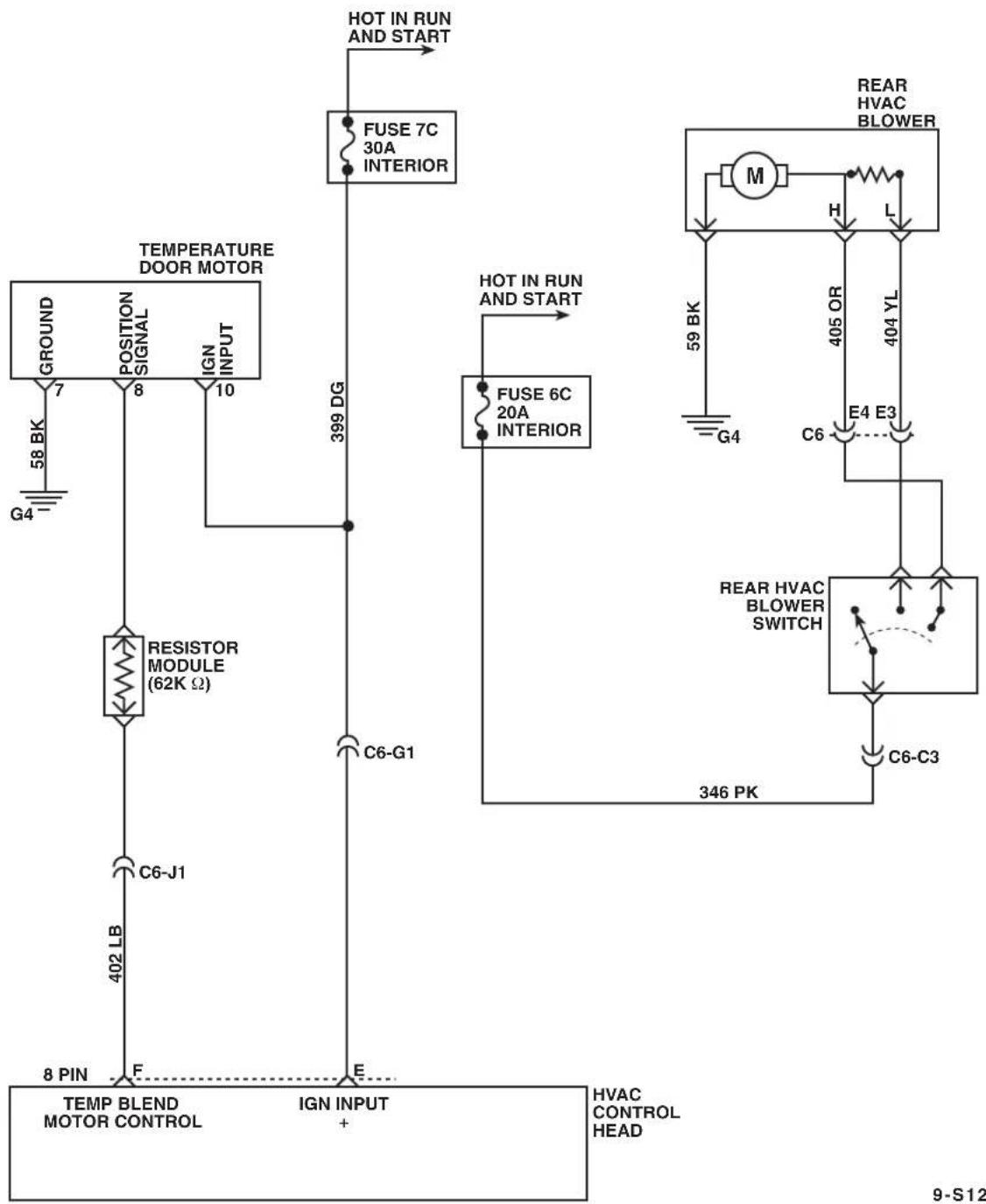 graph TD A["TEMP BLEND MOTOR CONTROL"] -->|8 PIN F| B["RESISTOR MODULE (62K Ω)"] B -->|402 LB C6-J1| C["IGN INPUT +"] C -->|399 DG| D["FUSE 7C 30A INTERIOR"] D --> E["HOT IN RUN AND START"] E --> F["REAR HVAC BLOWER"] F --> G["M"] G --> H["H"] H --> I["L"] I --> J["E4 E3"] J --> K["C6-C3"] K --> L["…