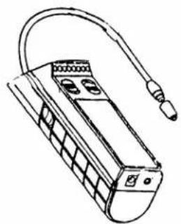 Line drawing of a portable electronic device with a coiled cable and two buttons (no text or symbols)
