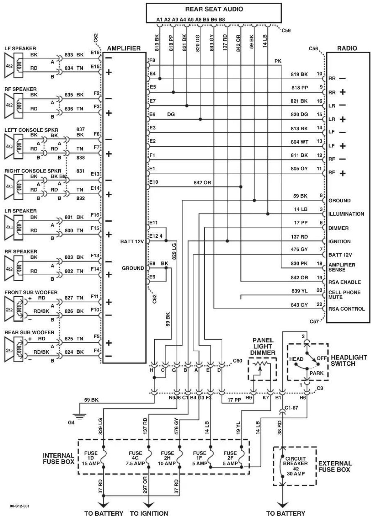 graph TD subgraph Left_Speaker A1["LF SPEAKER 4Ω"] --> B1["BK"] A2["RF SPEAKER 4Ω"] --> B2["BK"] A3["LEFT CONSOLE SPKR 4Ω"] --> B3["BK"] A4["RIGHT CONSOLE SPKR 4Ω"] --> B4["BK"] A5["LR SPEAKER 4Ω"] --> B5["BK"] A6["RR SPEAKER 4Ω"] --> B6["BK"] A7["FRONT SUB WOOFER 2Ω"] --> B7["RD"] A8["REAR SUB WOOF…