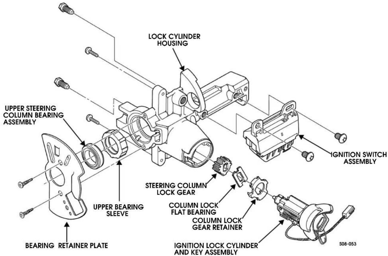 LOCK CYLINDER HOUSING UPPER STEERING COLUMN BEARING ASSEMBLY BEARING RETAINER PLATE UPPER BEARING SLEEVE STEERING COLUMN LOCK GEAR COLUMN LOCK FLAT BEARING COLUMN LOCK GEAR RETAINER IGNITION SWITCH ASSEMBLY IGNITION LOCK CYLINDER AND KEY ASSEMBLY S08-053