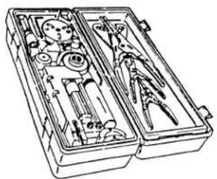 Line drawing of a toolbox containing various hand tools and pens (no text or symbols)