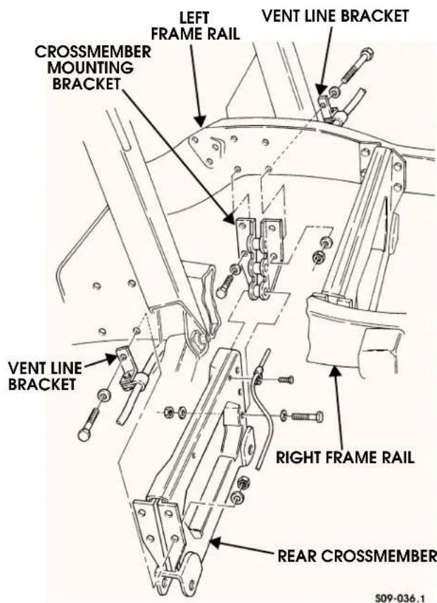LEFT FRAME RAIL VENT LINE BRACKET CROSSMEMBER MOUNTING BRACKET VENT LINE BRACKET RIGHT FRAME RAIL REAR CROSSMEMBER S09-036.1