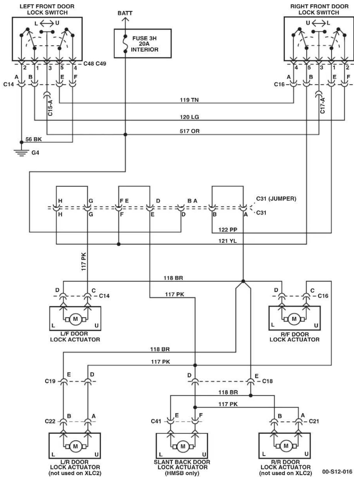 graph TD subgraph Left_FRONTDoor_LOCK_SWITCH A1["2"] --> B1["1"] B1 --> C1["3"] C1 --> D1["5"] D1 --> E1["E"] E1 --> F1["F"] F1 --> G1["G4"] G4 --> H1["56 BK"] H1 --> I1["Ground"] end subgraph Right_FRONTDoor_LOCK_SWITCH J1["4"] --> K1["5"] K1 --> L1["3"] L1 --> M1["E"] M1 --> N1["F"] N1 --> O1["C17…