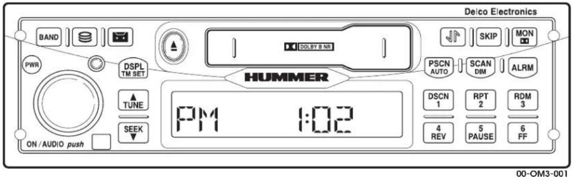 Delco Electronics BAND SKIP MON PWR DSPL TM SET HUMMER PSCN AUTO SCAN DIM ALRM TUNE DSCN 1 RPT 2 RDM 3 4 REV 5 PAUSE 6 FF ON / AUDIO push 00-OM3-001