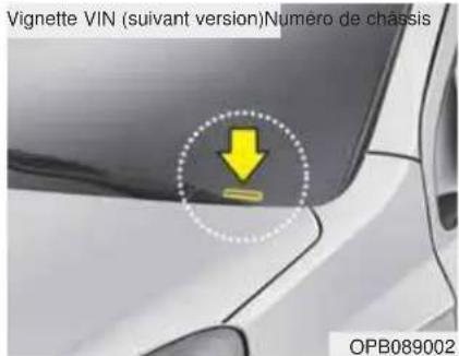 Vignette VIN (suivant version)Numero de chassis OPB089002