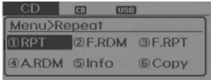 CD Menu>Repeat ①RPT ②F.RDM ③F.RPT ④A.RDM ⑤Info ⑥Copy