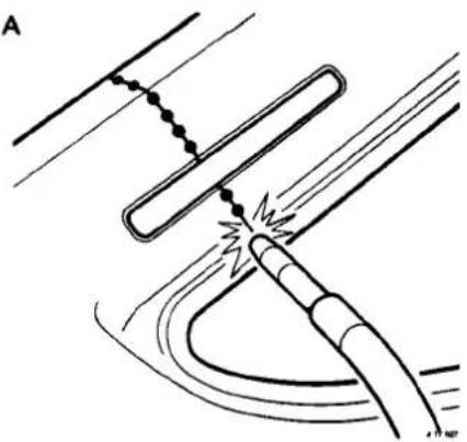 Diagram of a welding or welding process showing tool positioning and stress application (no text or labels)