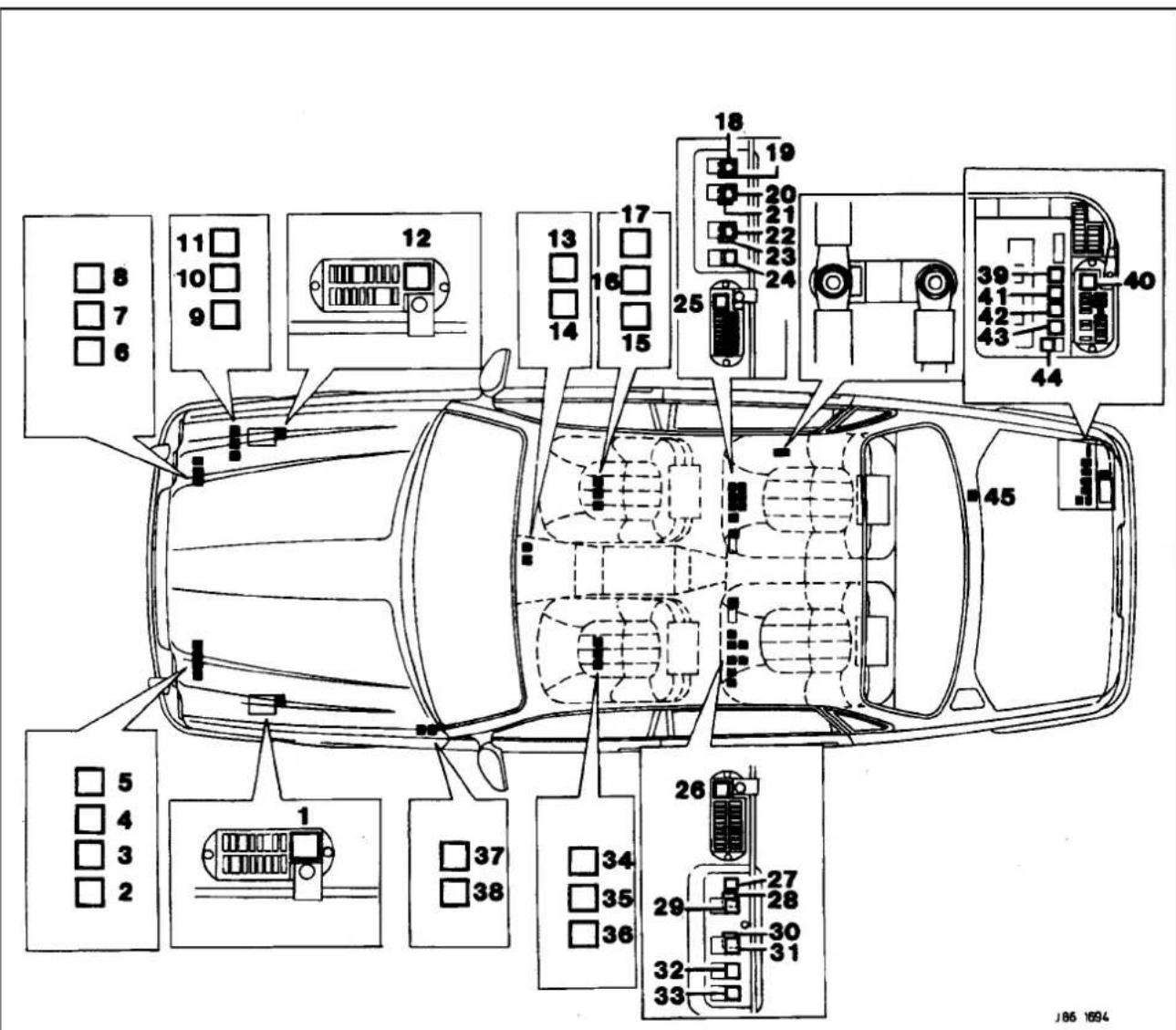 Technical diagram of a car interior with numbered components and labeled parts, likely for electrical or diagnostic reference.
