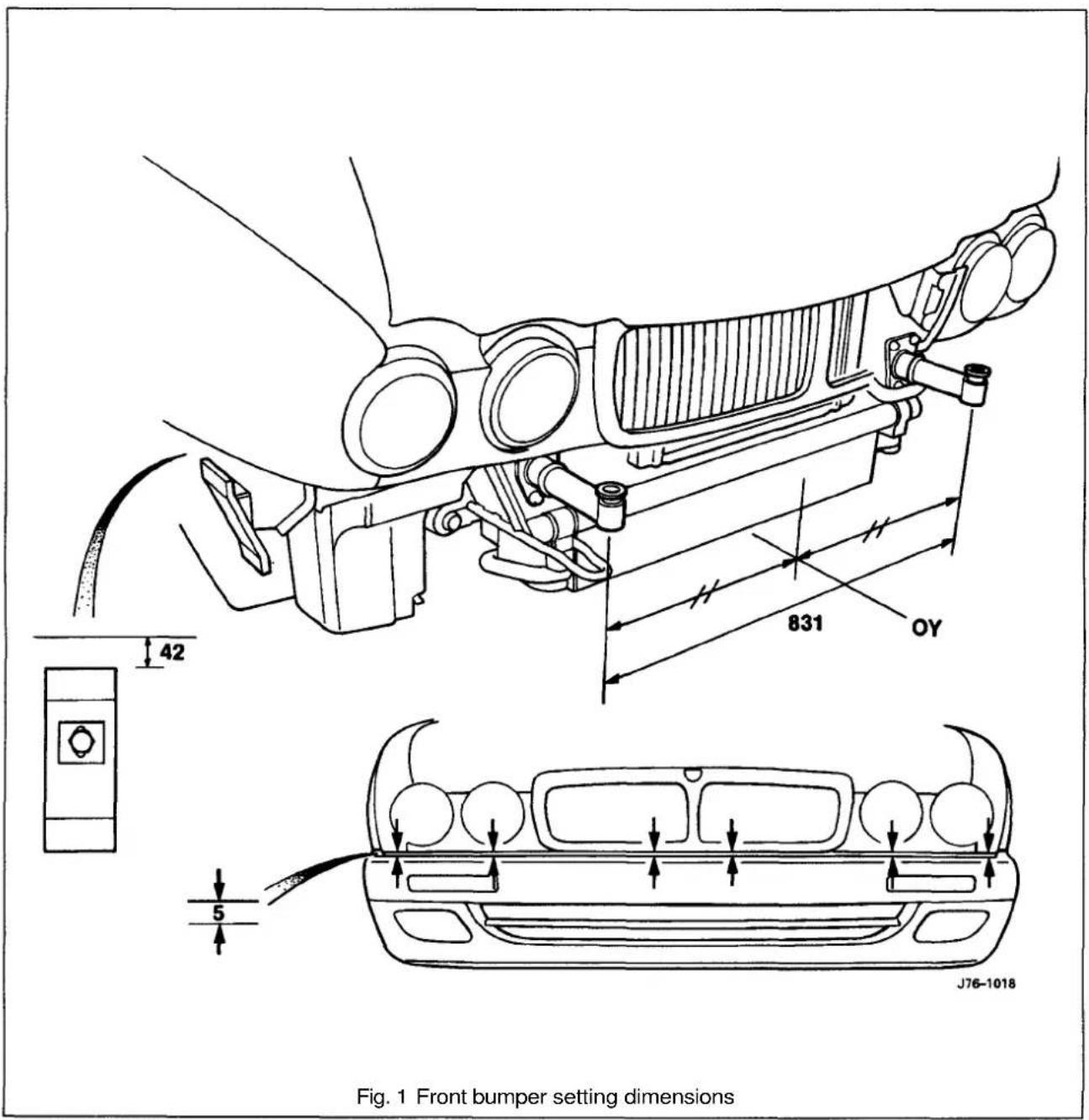 Fig. 1 Front bumper setting dimensions 42 831 OY 5 J76-1018