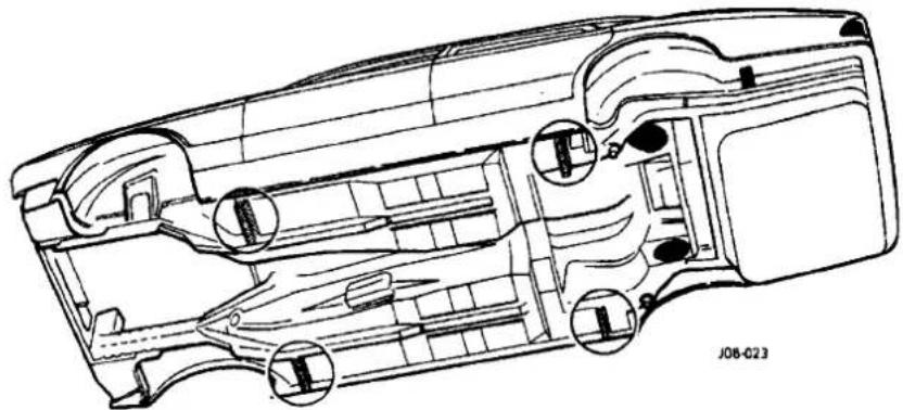 Technical line drawing of a car interior showing internal compartments and structural elements (no text or symbols)