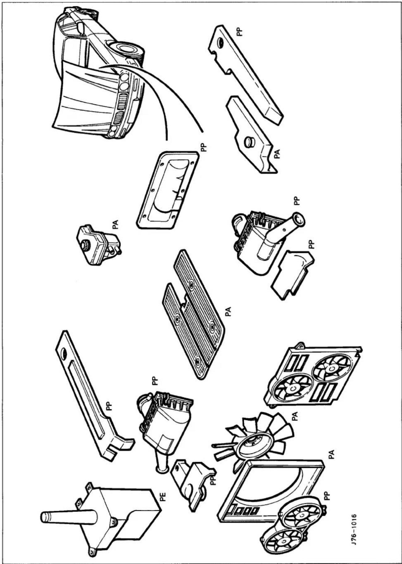 Technical diagram showing exploded view of various mechanical components with labels like PA, PP, and PE