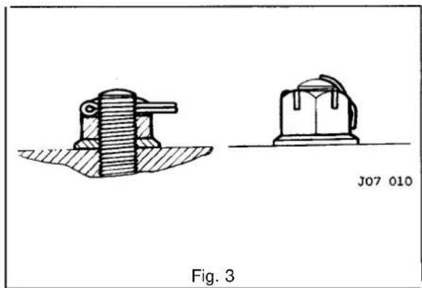 Technical line drawing of two mechanical components, one with a cylindrical shaft and base, the other with a dome-shaped housing (no text or symbols)