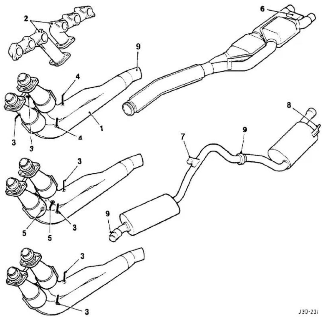Technical diagram of a multi-stage vehicle exhaust system with numbered components for identification.