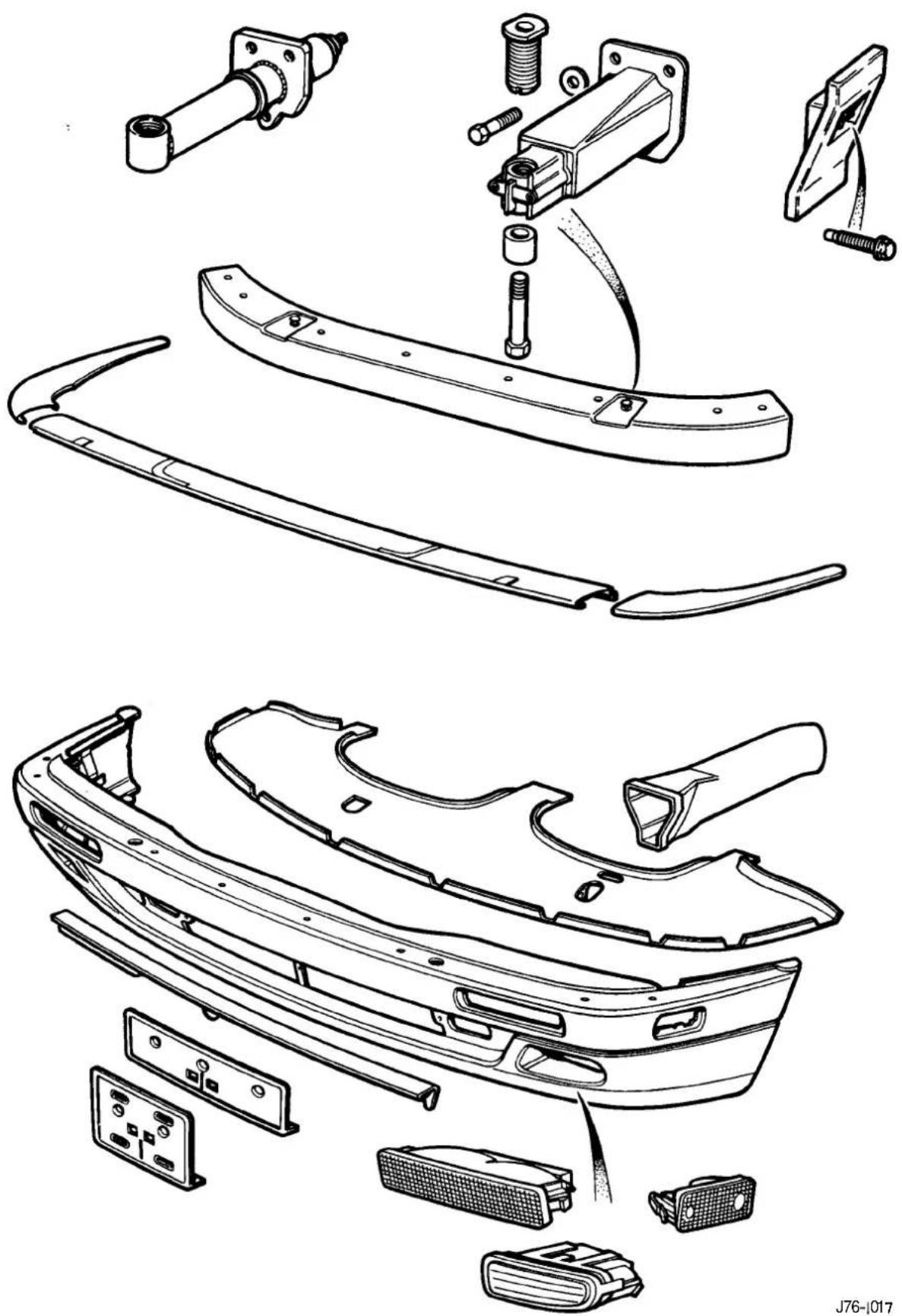 Exploded view diagram of a car body panel assembly, showing exploded and assembled components (no text or labels)