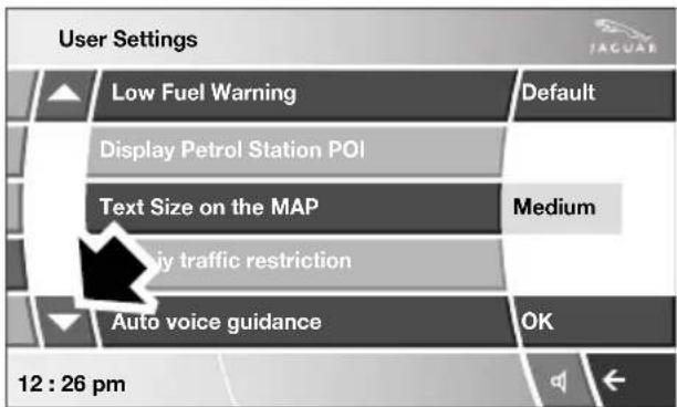 User Settings Low Fuel Warning Default Display Petrol Station POI Text Size on the MAP Medium Hy traffic restriction Auto voice guidance OK 12 : 26 pm