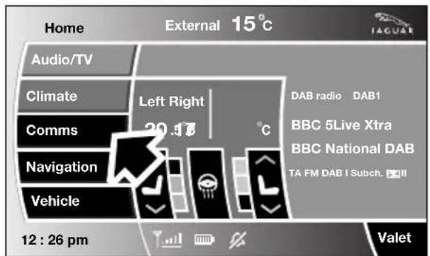 Home External 15°C Audio/TV Climate Comms Navigation Vehicle Left Right 20.57 °C DAB radio DAB1 BBC 5Live Xtra BBC National DAB TA FM DAB I Subch. 12 : 26 pm Valet