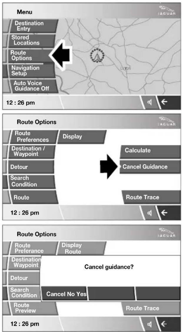 Menu Destination Entry Stored Locations Route Options Navigation Setup Auto Voice Guidance Off 12 : 26 pm Route Options Route Preferences Display Destination / Waypoint Calculate Cancel Guidance Detour Search Condition Route Route Trace 12 : 26 pm Route Options Route Preference Display Route Destination Waypoint Cancel guidance? Detour Search Condition Cancel No Yes Route Preview Route Trace 12 : 26 pm