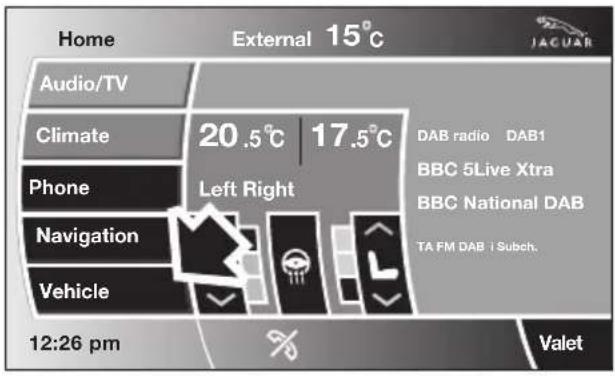 Home External 15°C Audio/TV Climate Phone Navigation Vehicle 12:26 pm 20.5°C | 17.5°C Left Right DAB radio DAB1 BBC 5Live Xtra BBC National DAB TA FM DAB i Subch. Valet