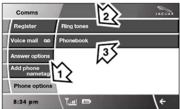 Comms Register Ring tones Voice mail Phonebook Answer options Add phone nametag Phone options 8:34 pm