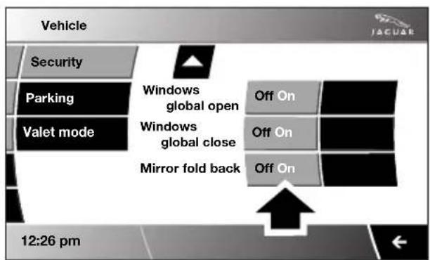 Vehicle Security Parking Valet mode Windows global open Off On Windows global close Off On Mirror fold back Off On 12:26 pm