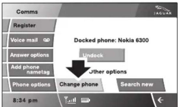 Docked phone: Nokia 6300 Register Voice mail Answer options Add phone nametag Phone options Change phone Search new 8:34 pm