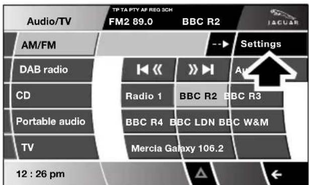 Audio/TV TP TA PTY AF REG 3CH FM2 89.0 BBC R2 JACUAR AM/FM Settings DAB radio Radio 1 BBC R2 BBC R3 CD Portable audio BBC R4 BBC LDN BBC W&M TV Mercia Galaxy 106.2 12 : 26 pm