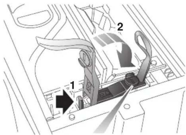Technical diagram showing a mechanical component with labeled parts and directional arrows indicating movement or force.
