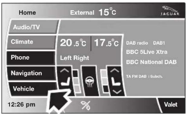 Home External 15°C Audio/TV Climate Phone Navigation Vehicle 12:26 pm 20.5°C | 17.5°C Left Right DAB radio DAB1 BBC 5Live Xtra BBC National DAB TA FM DAB | Subch. Valet
